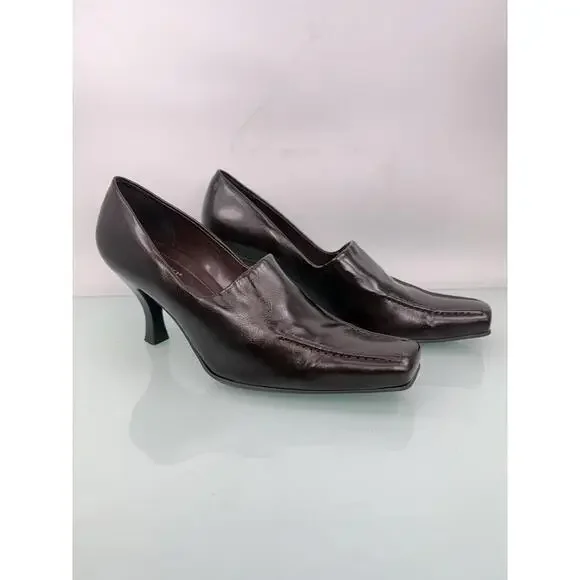 Vintage Franco Sarto Brown Leather Square Toe Kitten Heel Pumps 9.5M 90s Y2K - Picture 8 of 9